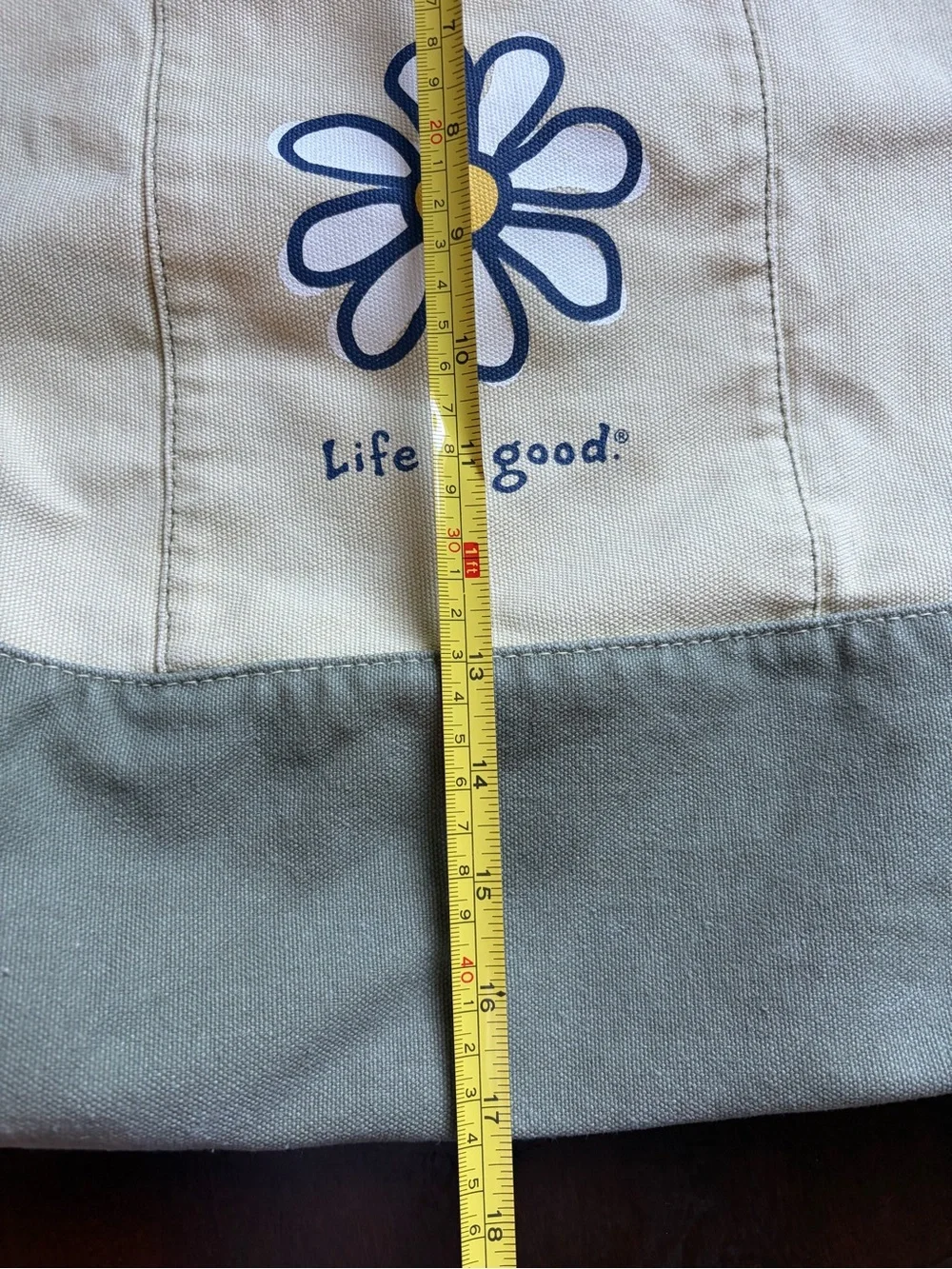 Life Is Good Canvas Daisy Tote - 20x17 Cream and Olive Green